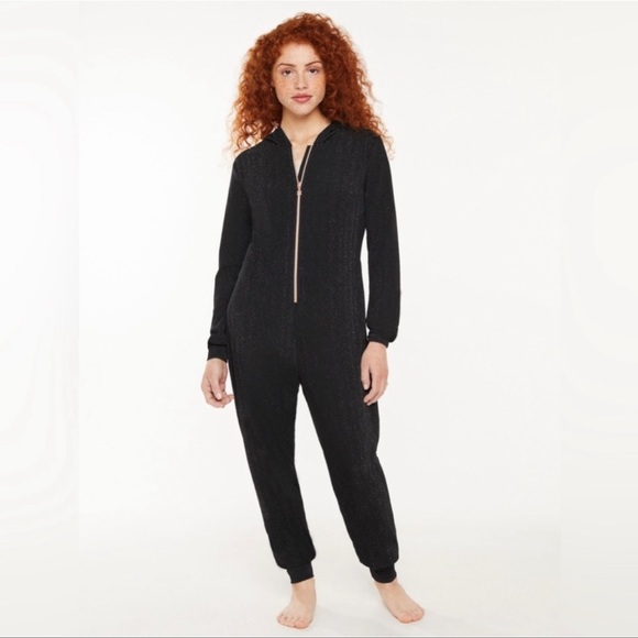 Savage X Fenty Pants - SAVAGE x FENTY Sleep & Shine Hooded Onesie in black silver shine lurex Sz M